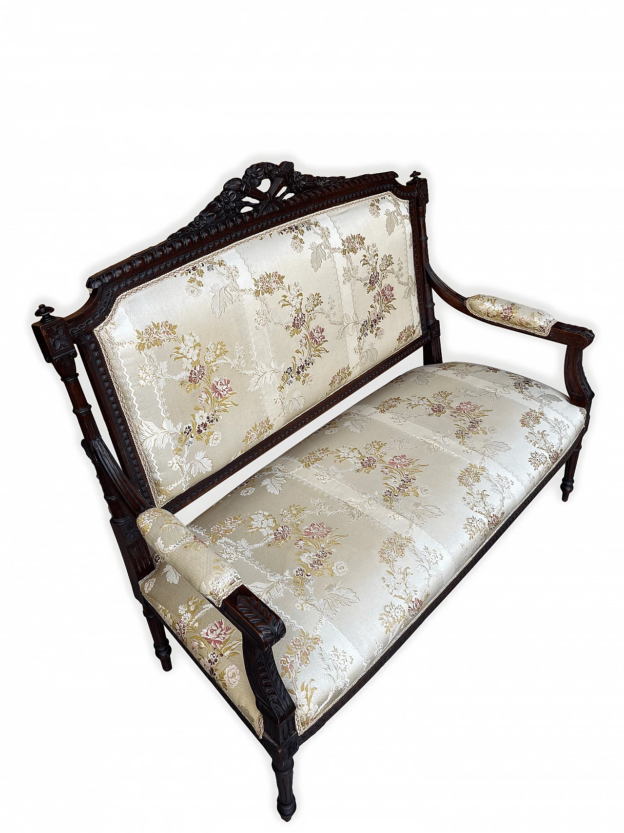 Carved wooden sofa and floral fabric in Louis XVI style, early 20th century 12