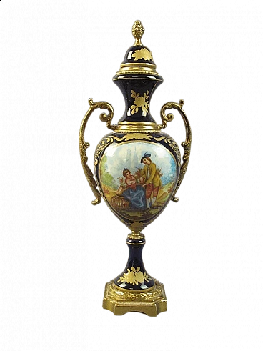 Vaso ad anfora francese in porcellana e bronzo