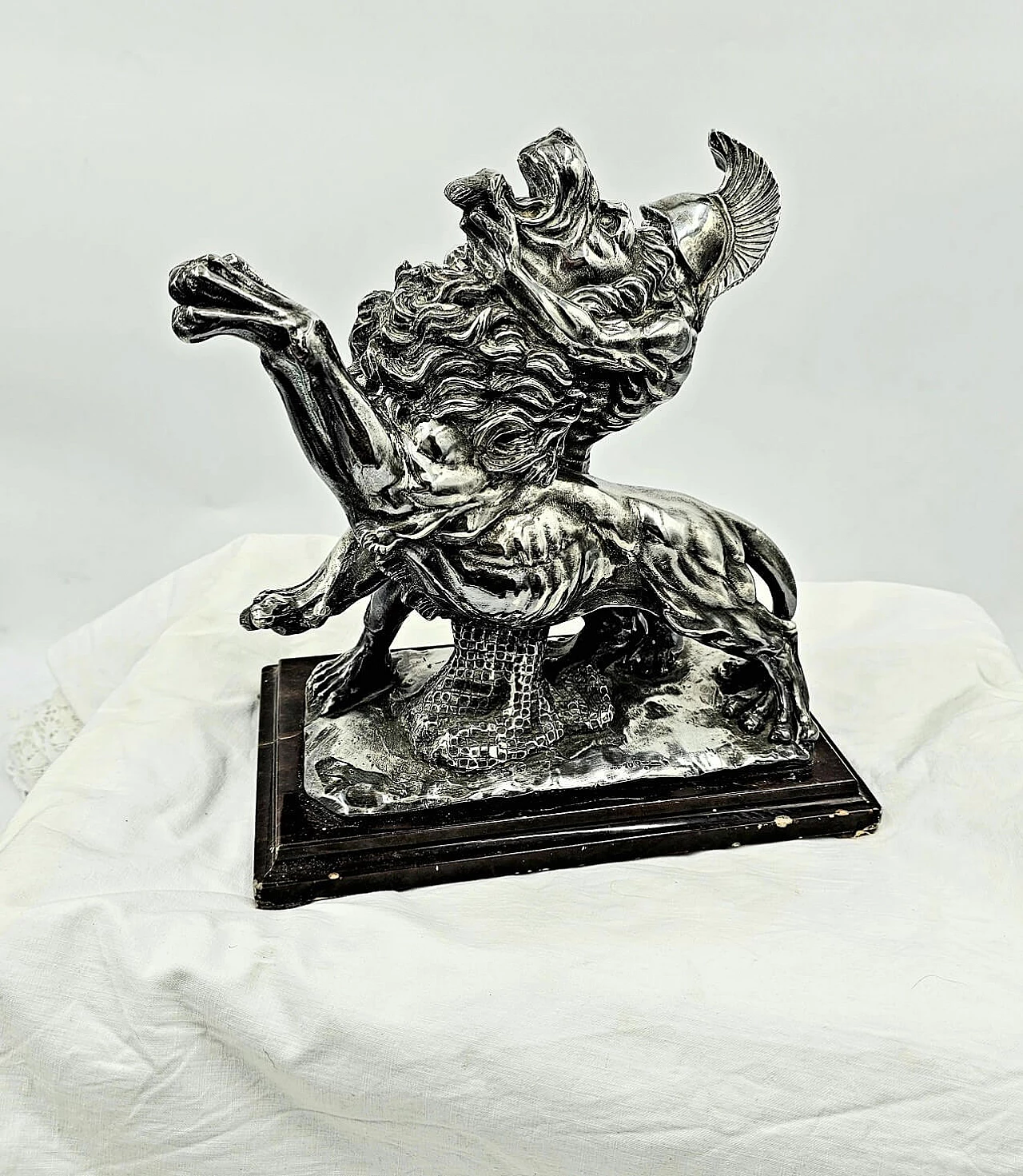 Silver sculpture depicting Roman gladiator against lion, 1970s 2