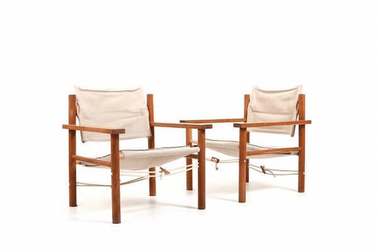 Pair of Safari oak and linen armchairs, 1960s 1