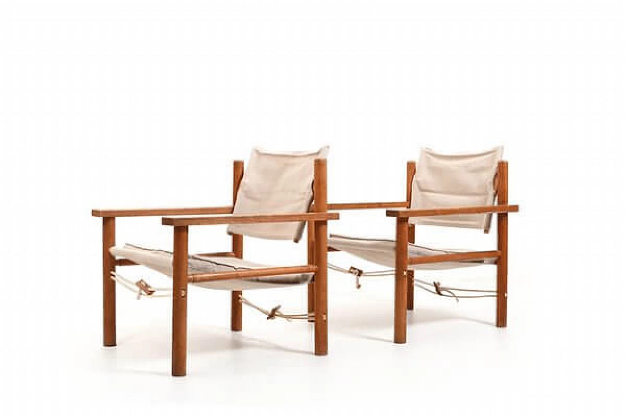 Pair of Safari oak and linen armchairs, 1960s 2