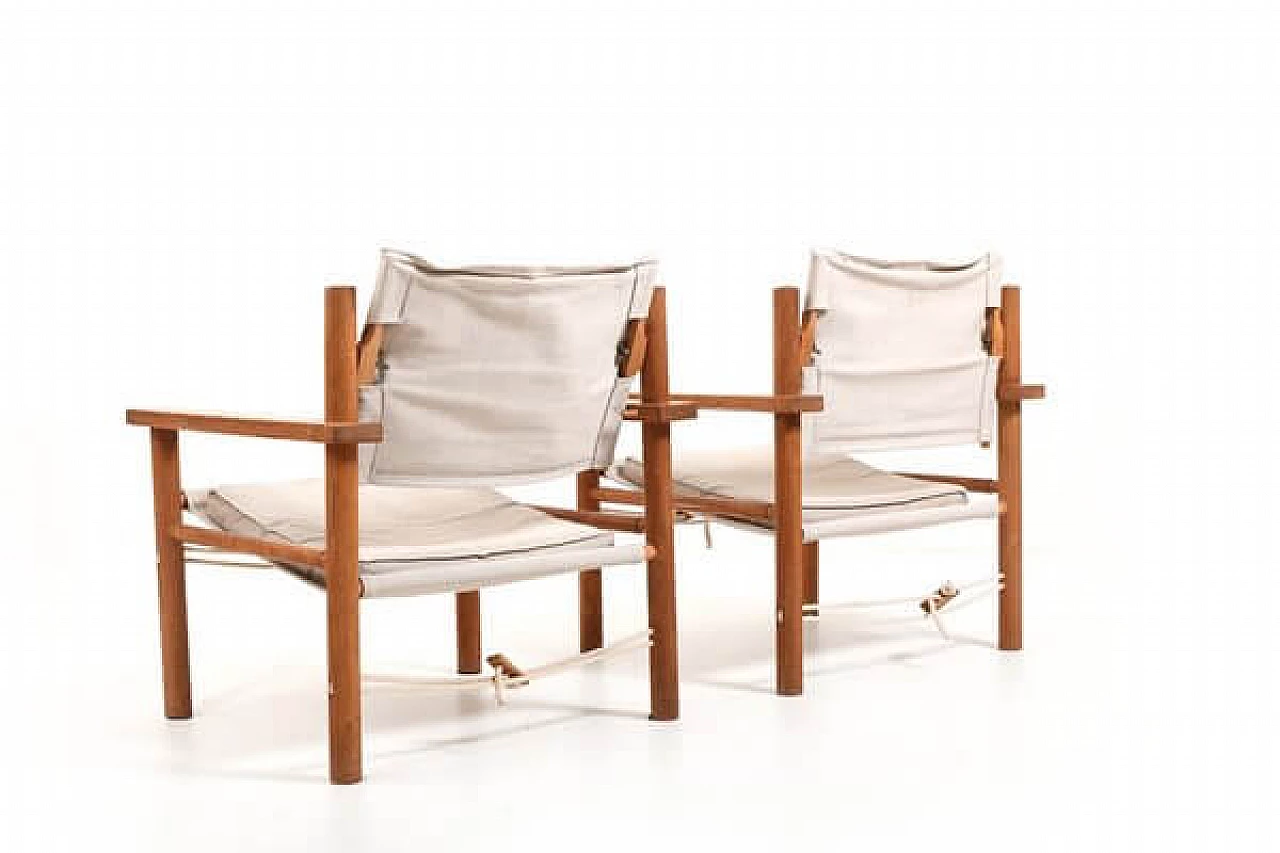 Pair of Safari oak and linen armchairs, 1960s 3