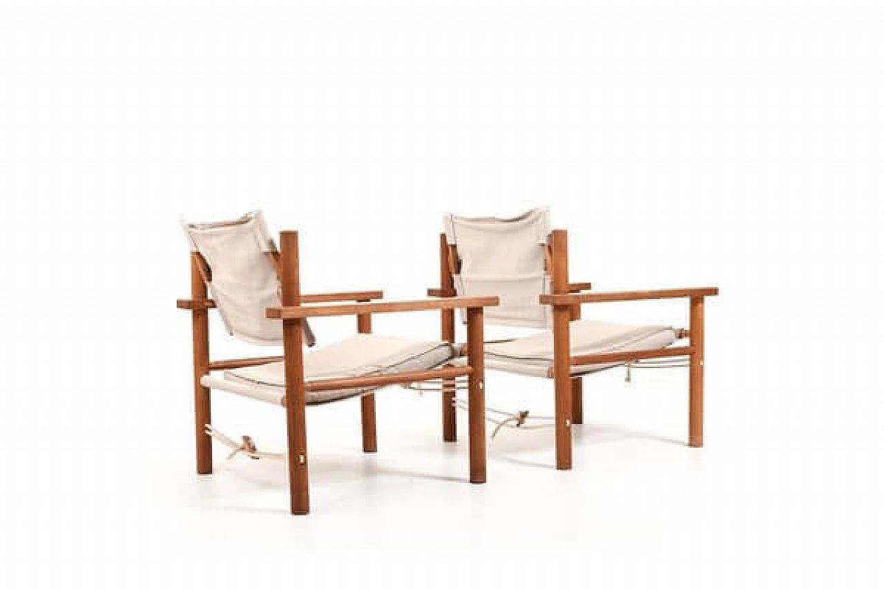 Pair of Safari oak and linen armchairs, 1960s 4