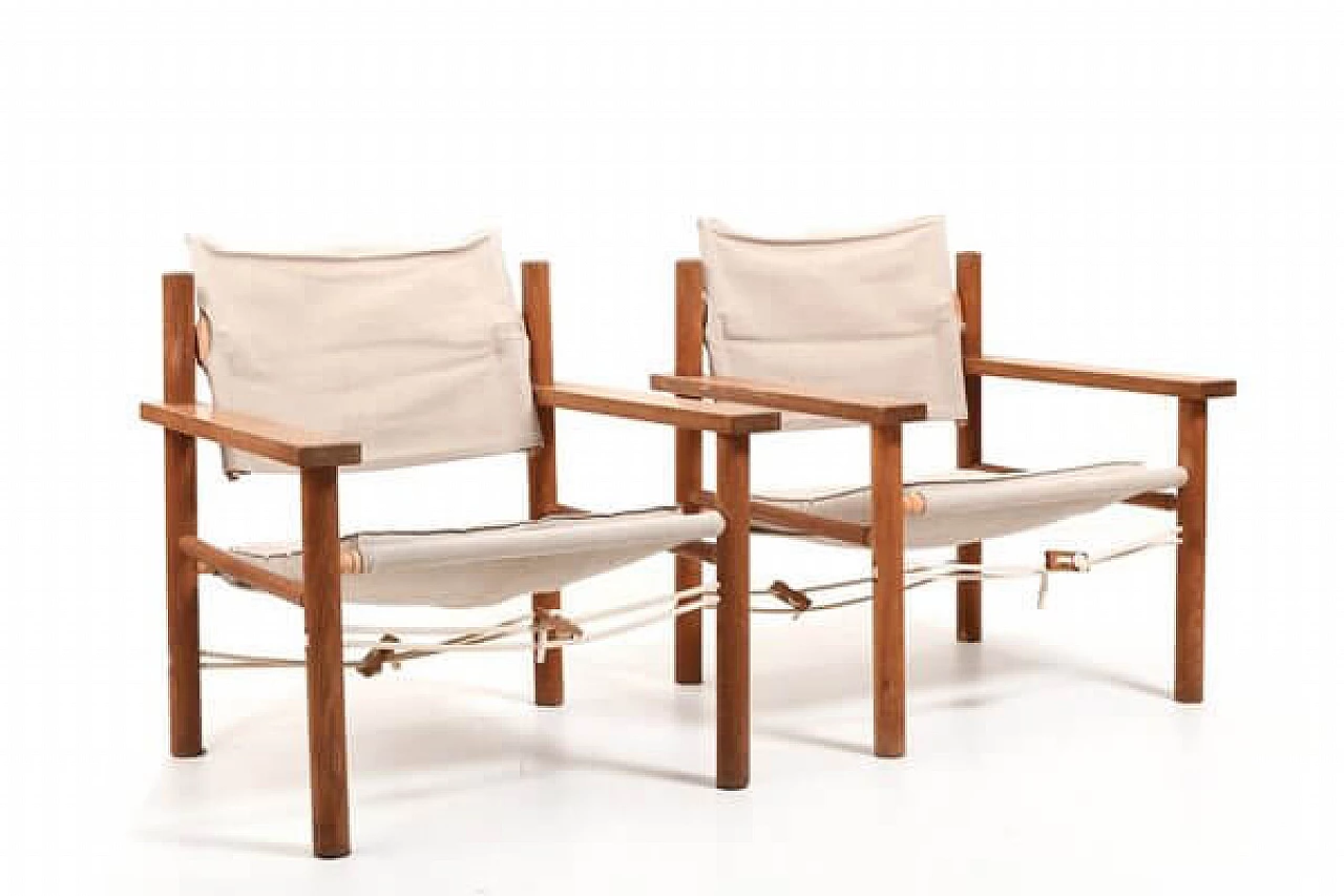 Pair of Safari oak and linen armchairs, 1960s 5