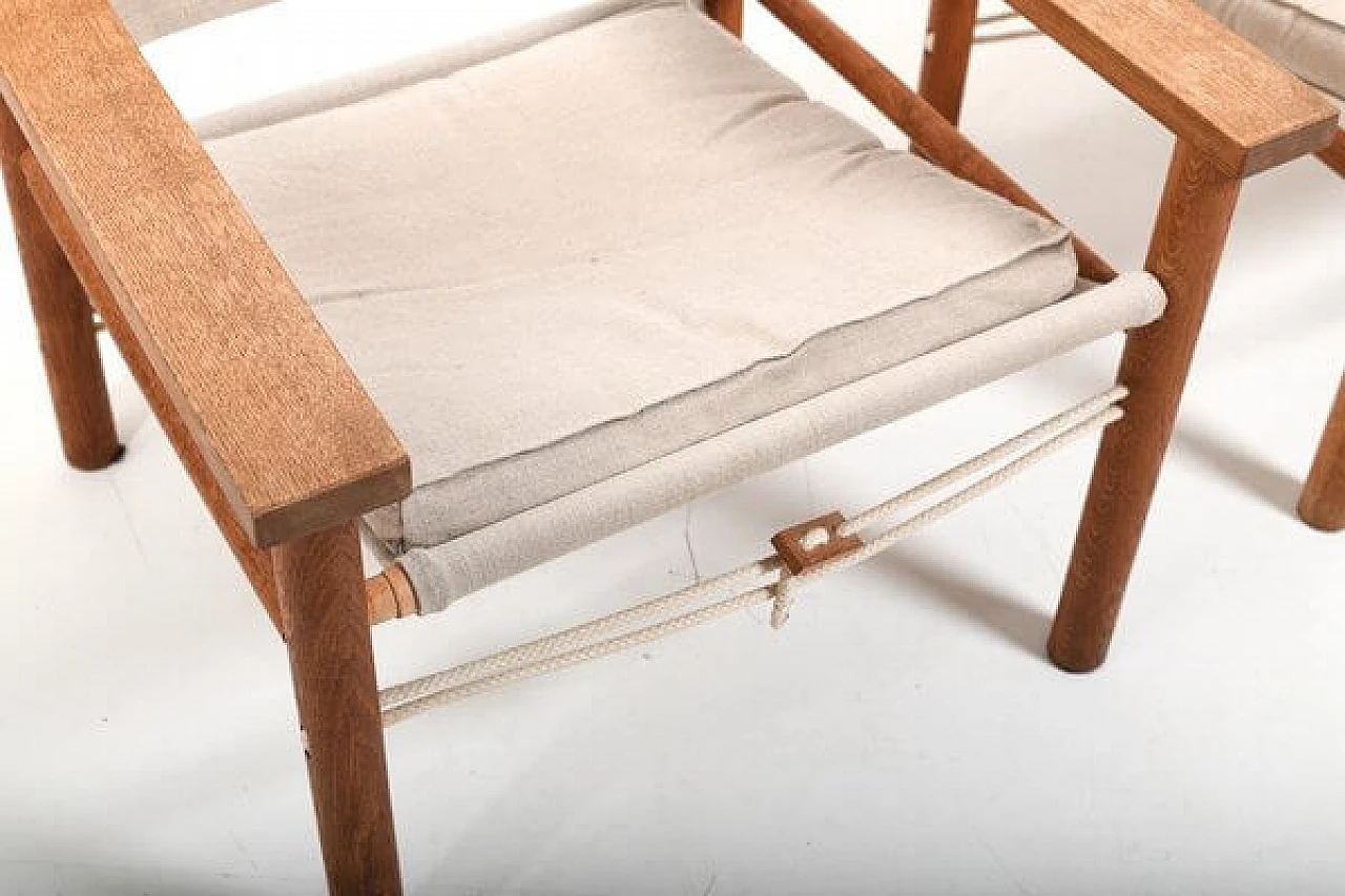 Pair of Safari oak and linen armchairs, 1960s 6