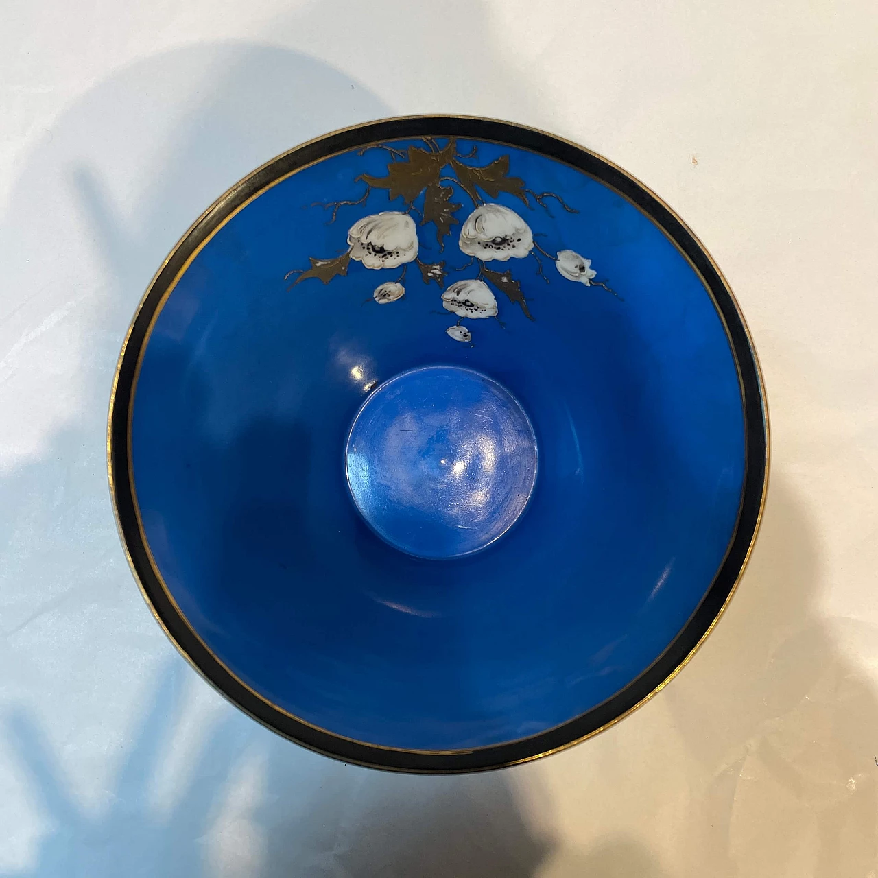 Blue ceramic vase with white flowers and golden leaves decorations, 1940s 4