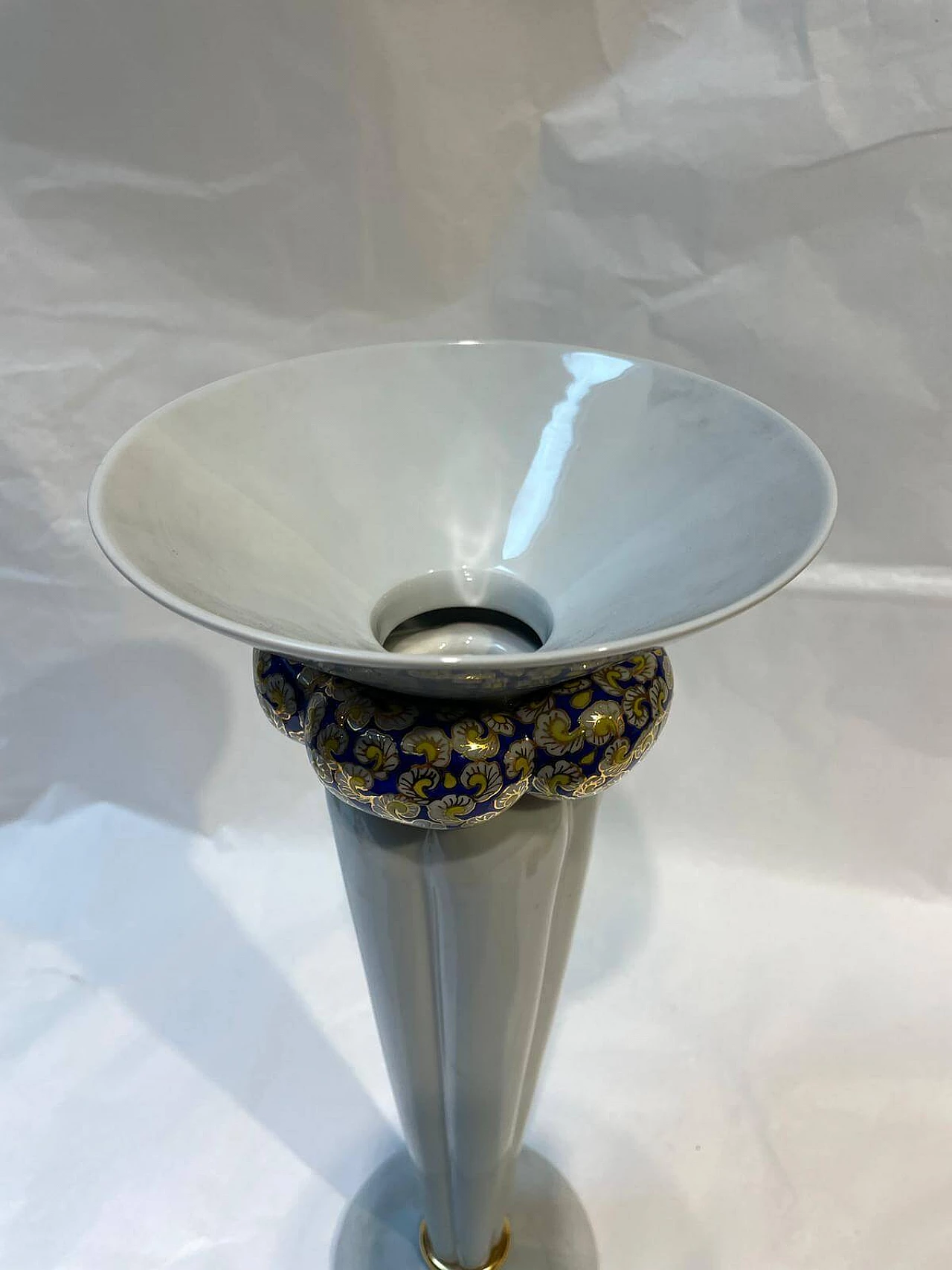 Driade vase in white ceramic with blue and golden decoration, 1970s 5