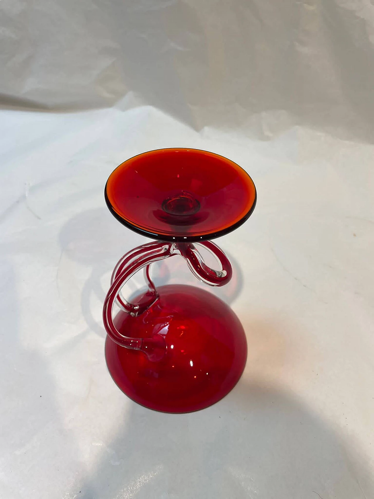 Calice in vetro rosso veneziano con manico a spirale, inizio '900 3