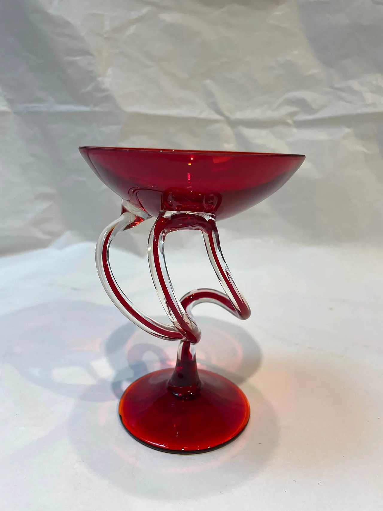 Calice in vetro rosso veneziano con manico a spirale, inizio '900 5