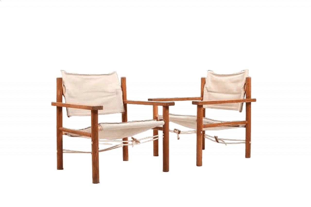 Pair of Safari oak and linen armchairs, 1960s 11