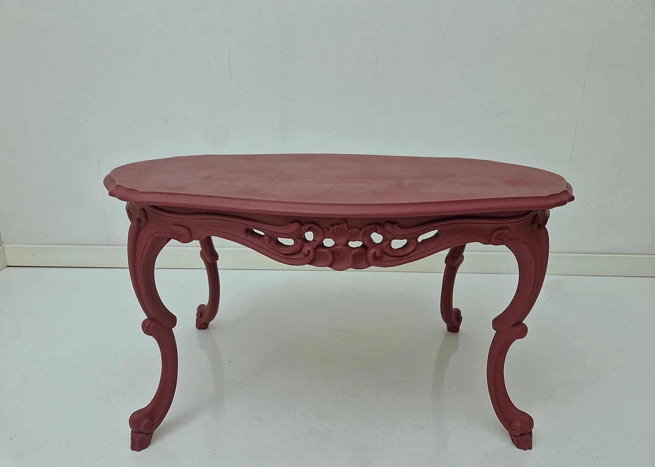 Baroque style cherry red wood coffee table with carvings, 1970s 1