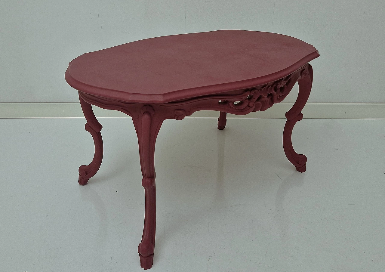 Baroque style cherry red wood coffee table with carvings, 1970s 3