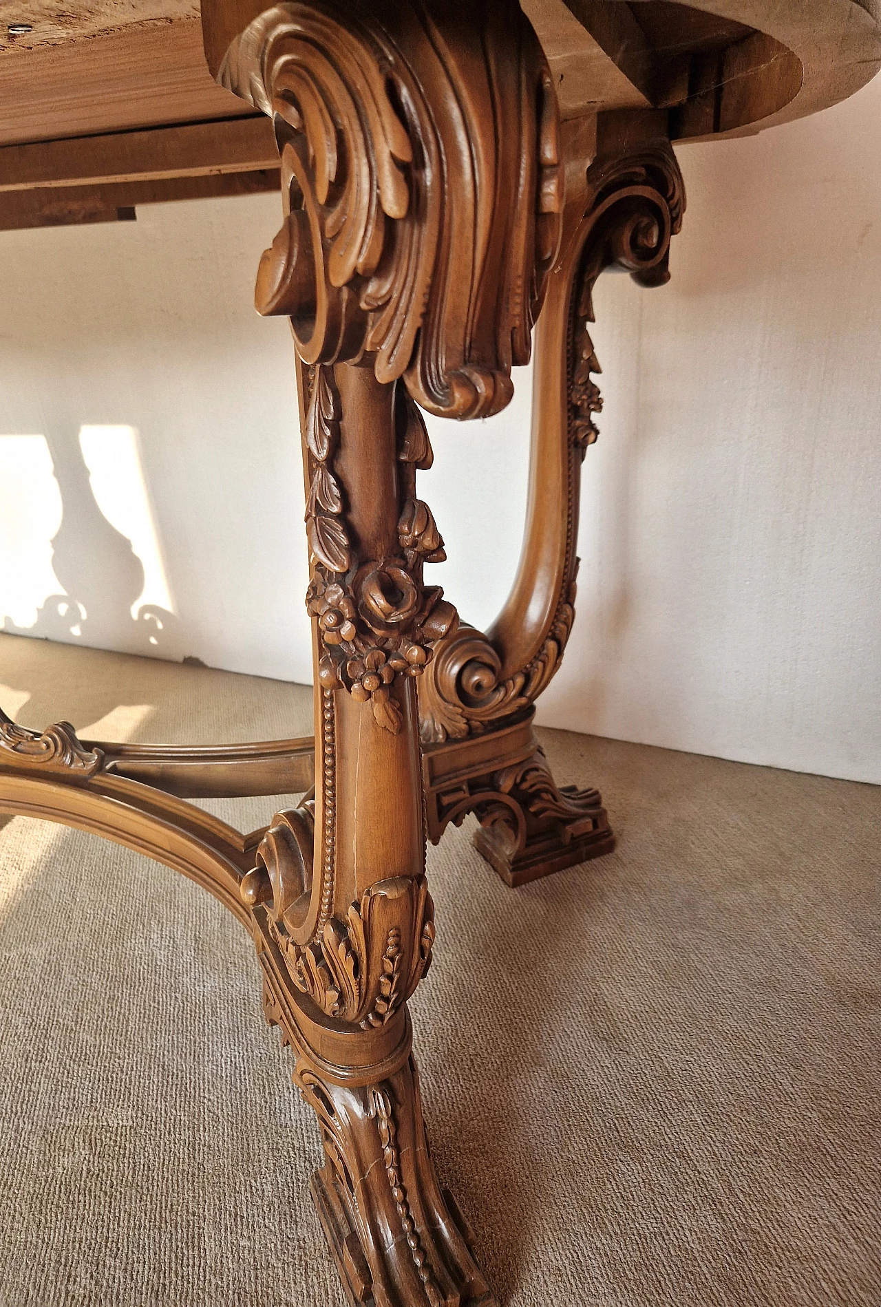 National walnut table with carvings, 1950s 6