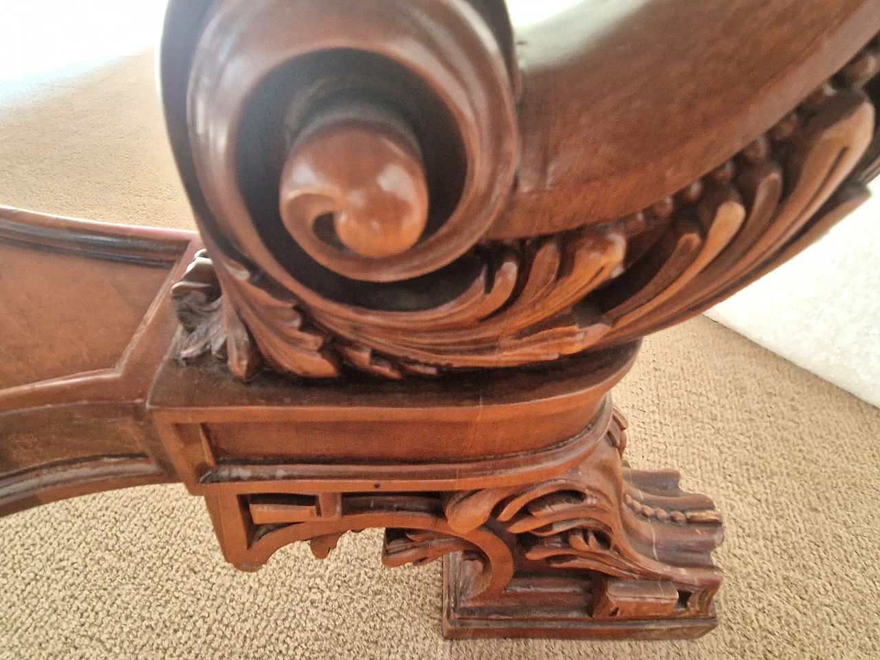 National walnut table with carvings, 1950s 9