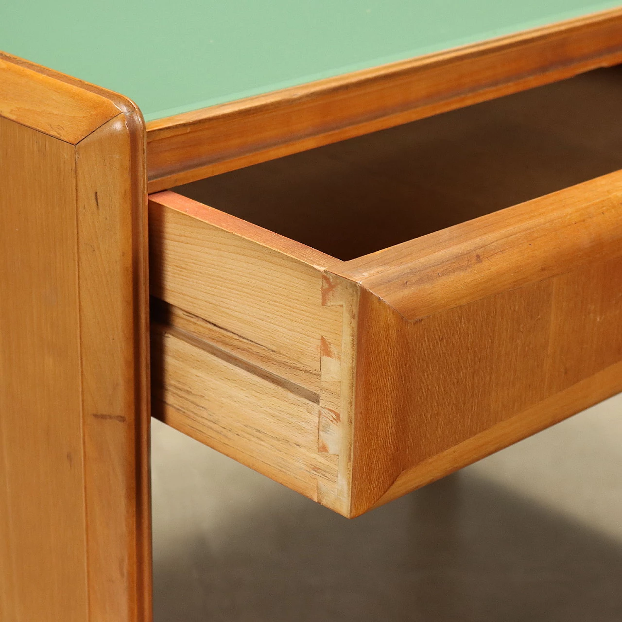 Cherry wood veneer desk with retracted glass top, 1950s 3