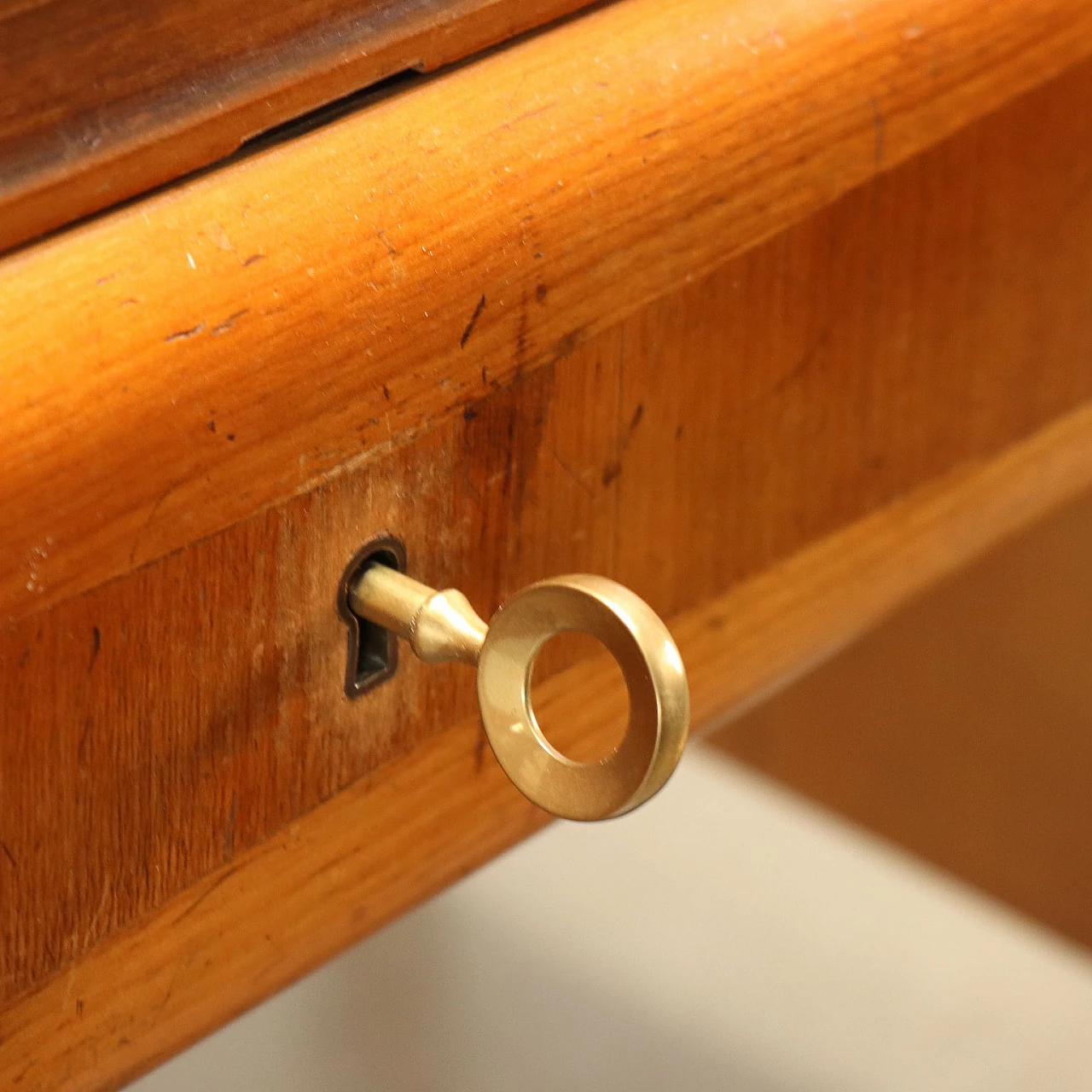 Cherry wood veneer desk with retracted glass top, 1950s 6