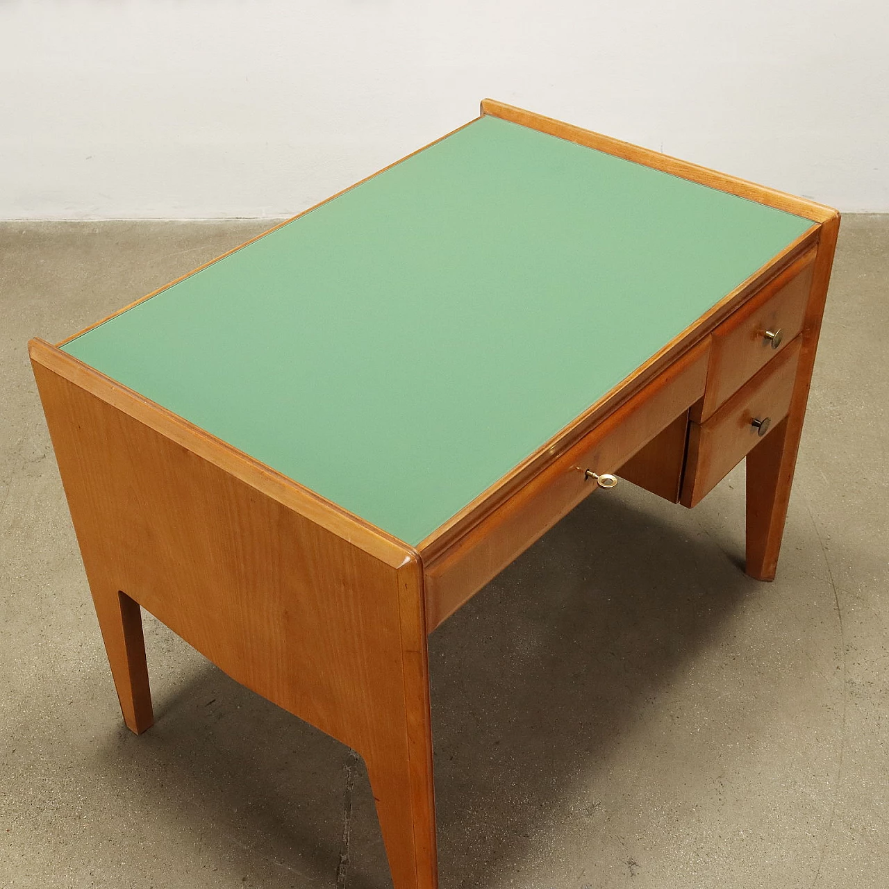 Cherry wood veneer desk with retracted glass top, 1950s 8