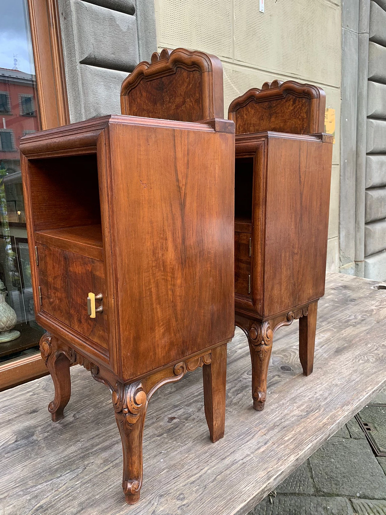 Pair of bedside tables in walnut and Portovenere marble, 19th century 2