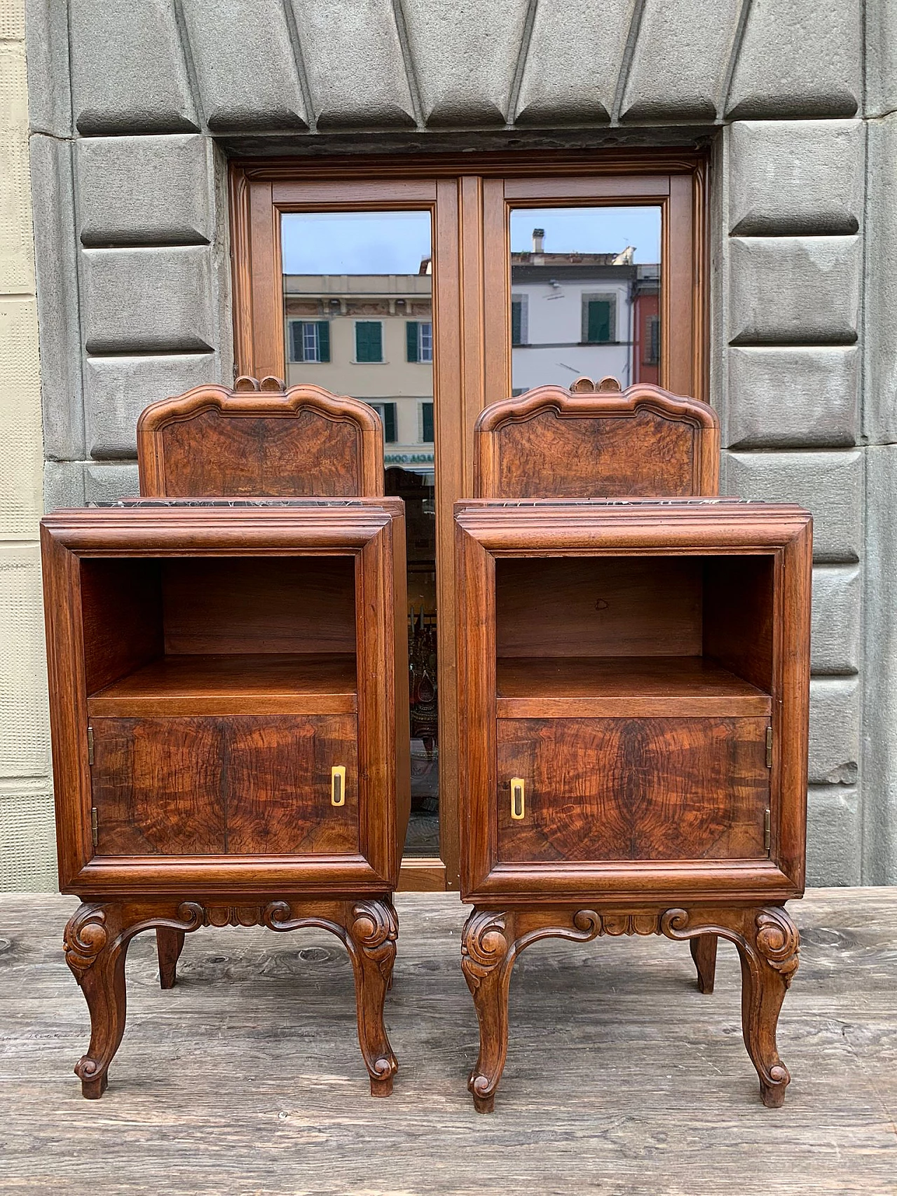 Pair of bedside tables in walnut and Portovenere marble, 19th century 4