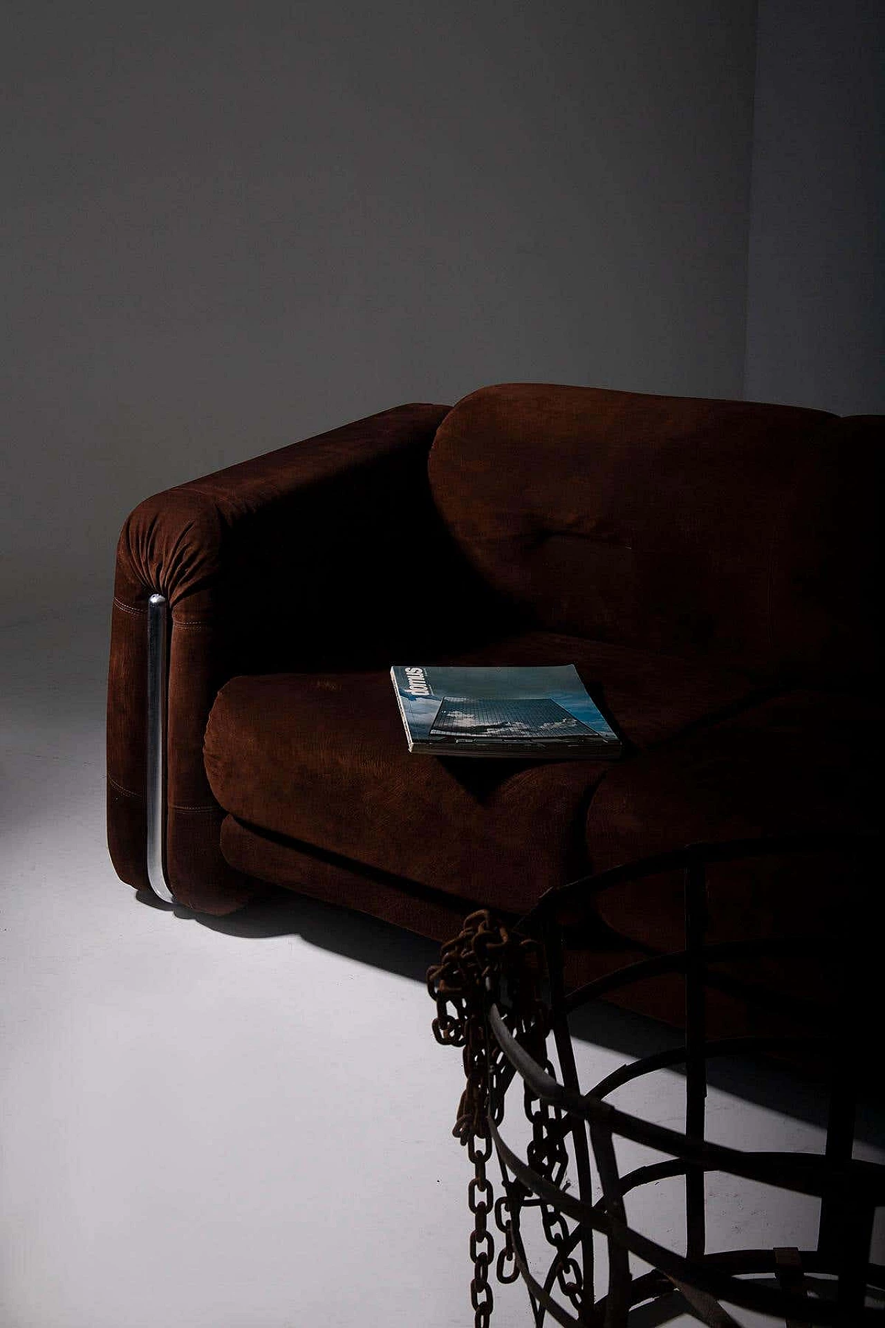 Brown velvet geometric sofa with metal frame, 1970s 4