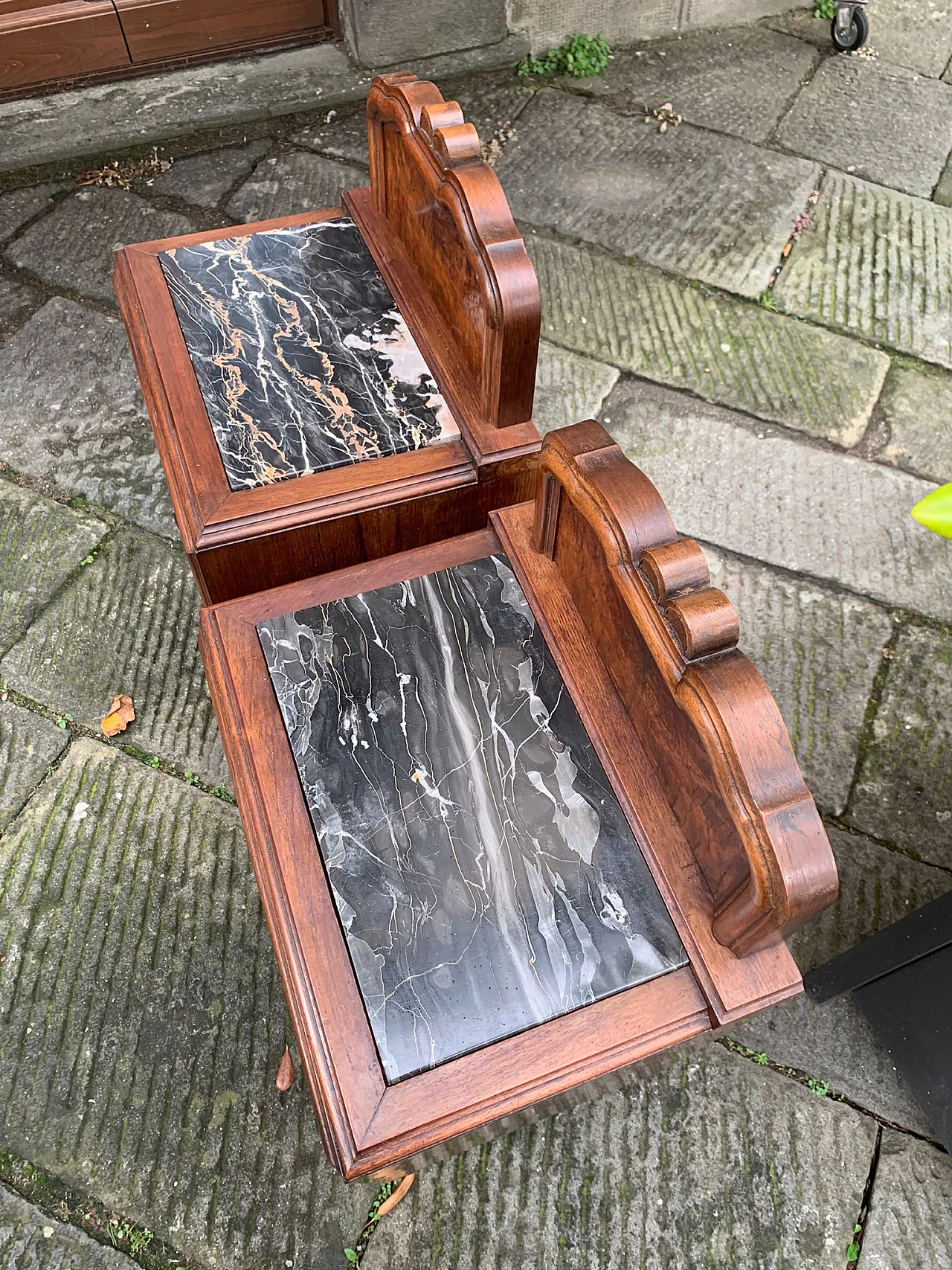 Pair of bedside tables in walnut and Portovenere marble, 19th century 6