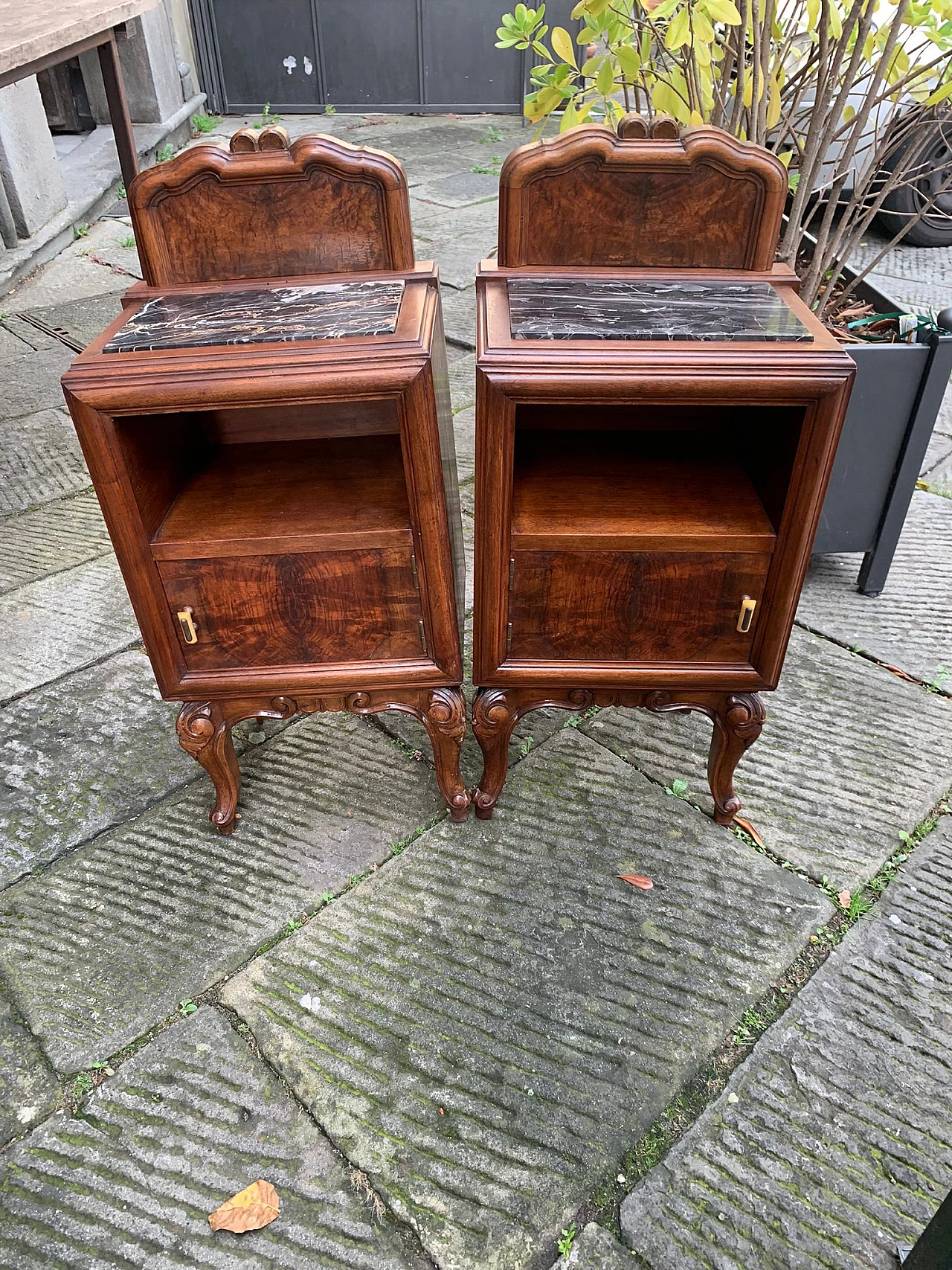 Pair of bedside tables in walnut and Portovenere marble, 19th century 7