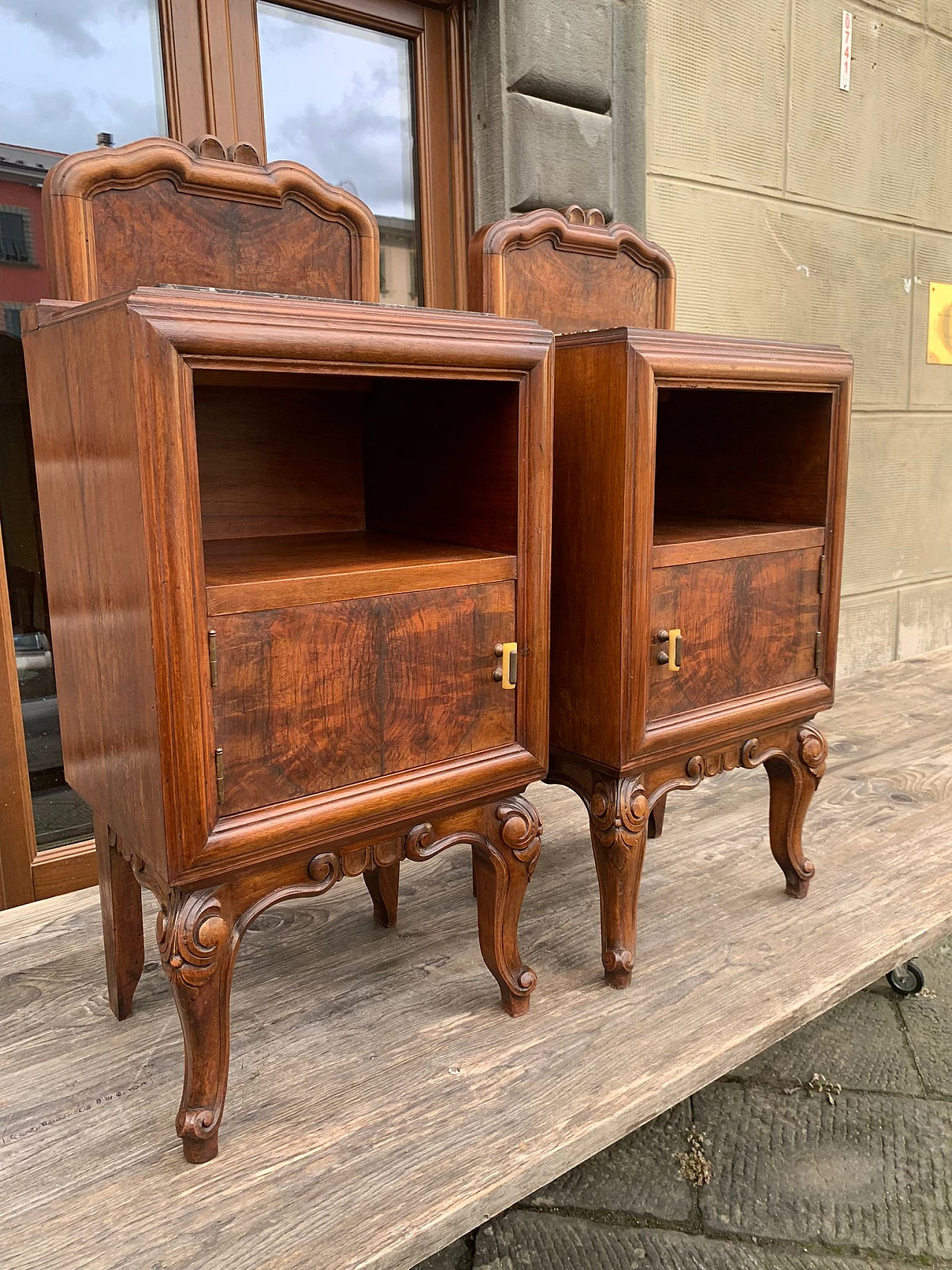 Pair of bedside tables in walnut and Portovenere marble, 19th century 8