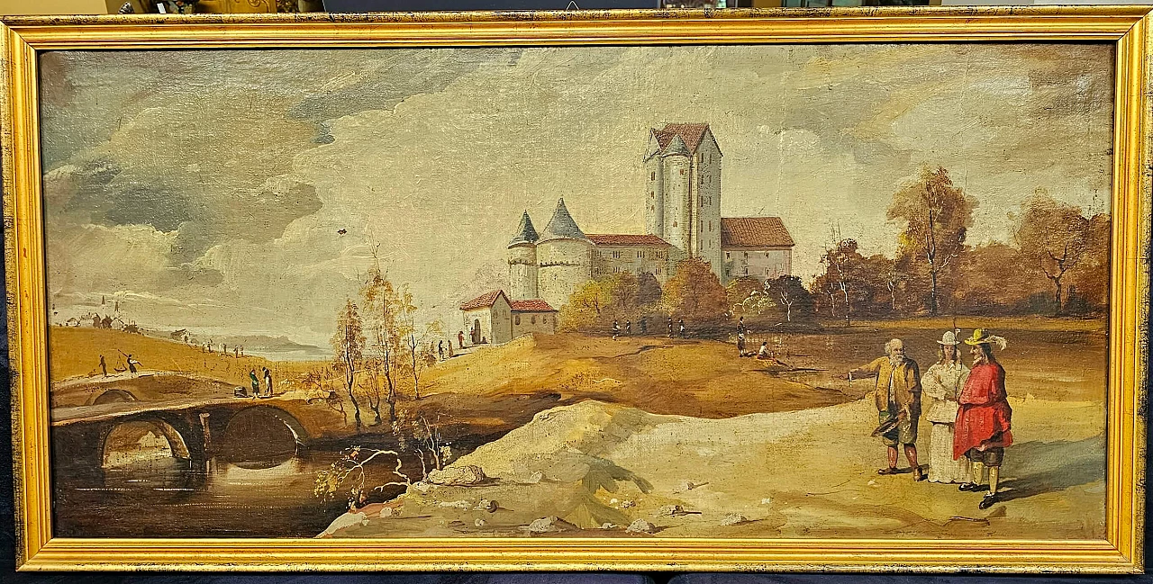 Country landscape with figures and castle, oil on canvas, early 19th century 2