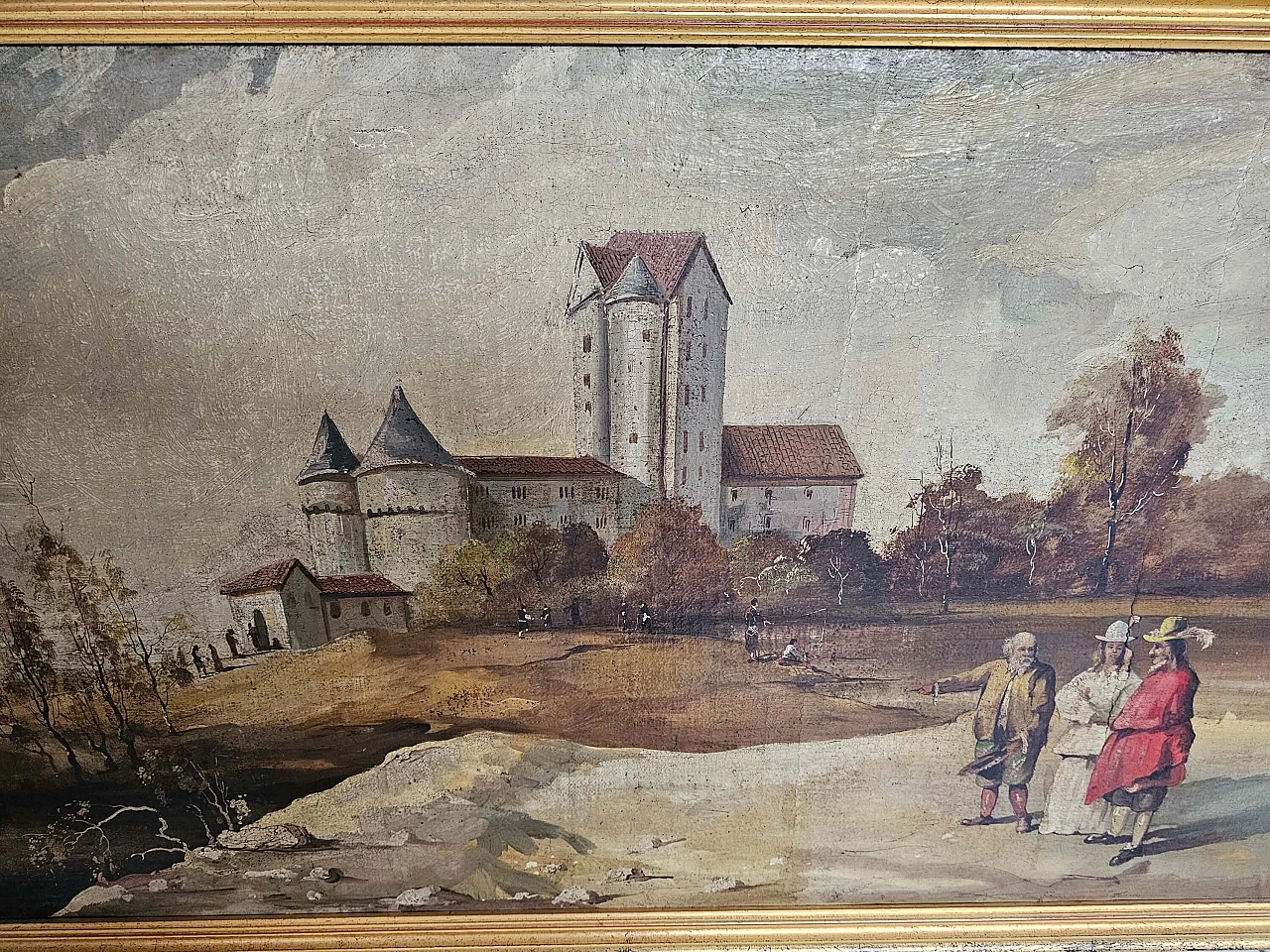 Paesaggio di campagna con figure e castello, olio su tela, inizio '800 3