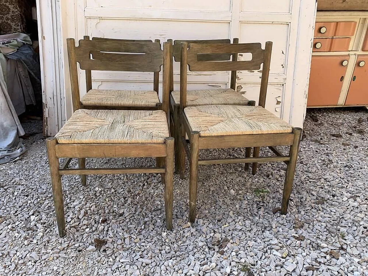 4 Rustic wooden dining chairs with straw seat, 1970s 2