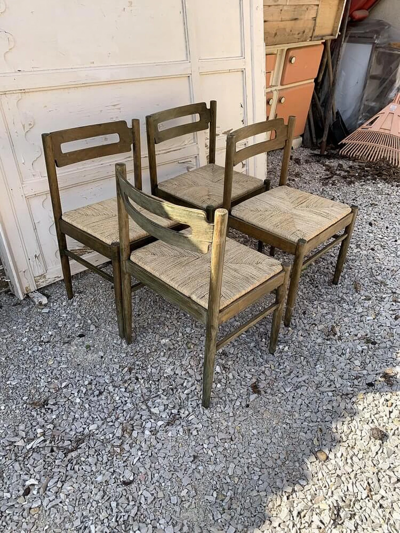 4 Rustic wooden dining chairs with straw seat, 1970s 3