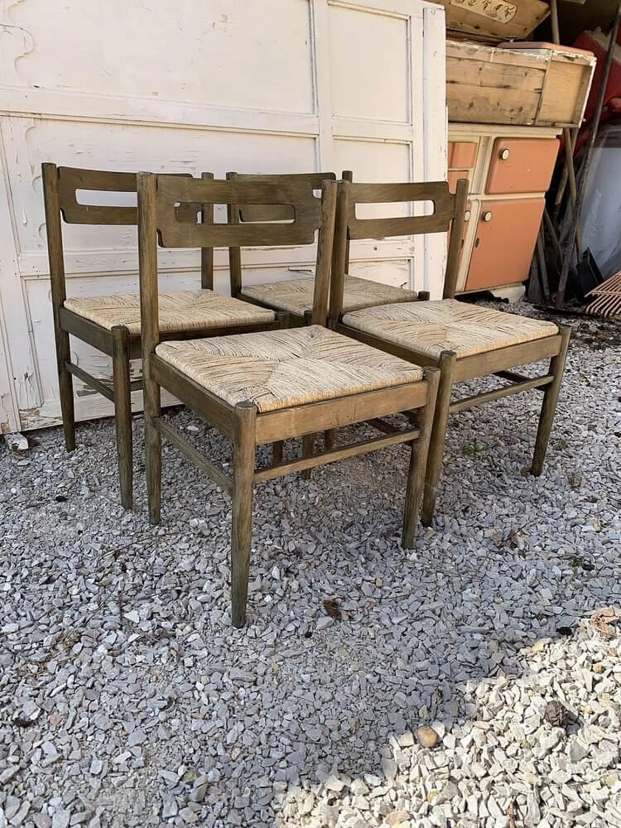 4 Rustic wooden dining chairs with straw seat, 1970s 4