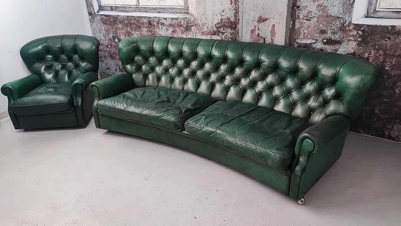 Green leather Chesterfield sofa and armchair, 1950s 1