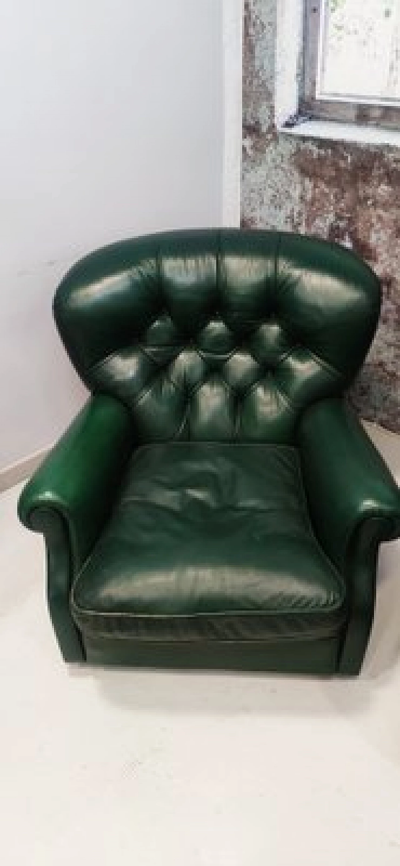 Green leather Chesterfield sofa and armchair, 1950s 3