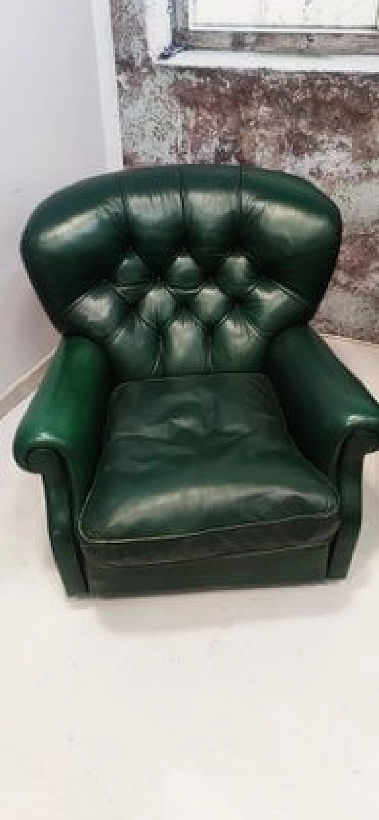 Green leather Chesterfield sofa and armchair, 1950s 4