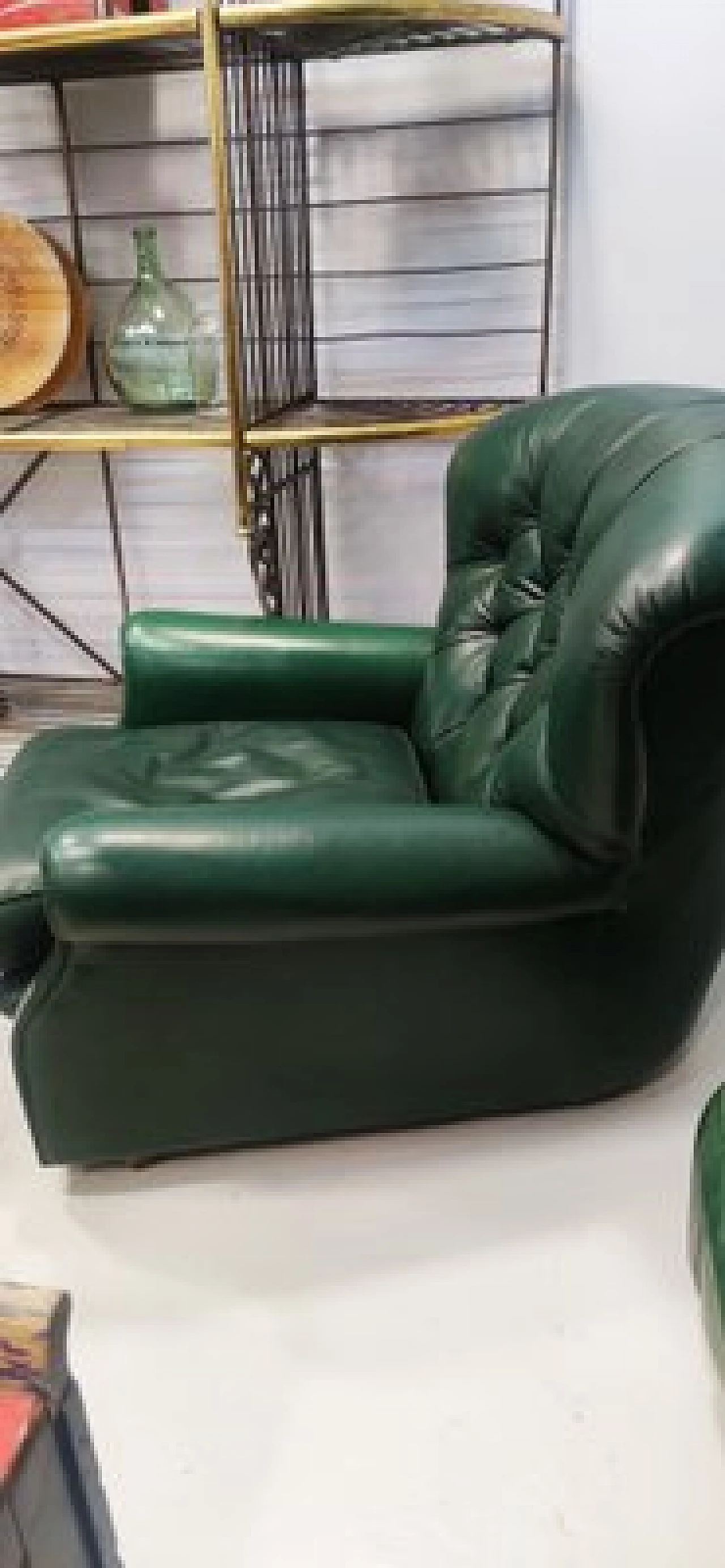 Green leather Chesterfield sofa and armchair, 1950s 5