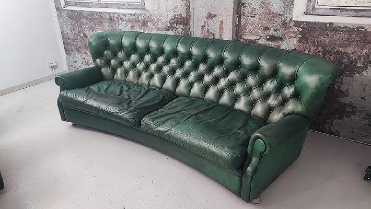 Green leather Chesterfield sofa and armchair, 1950s 6