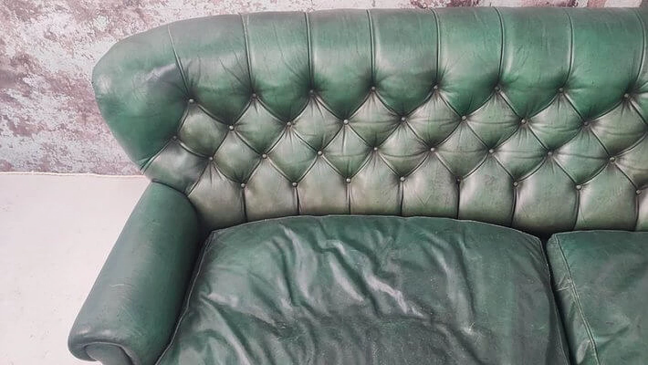 Green leather Chesterfield sofa and armchair, 1950s 7