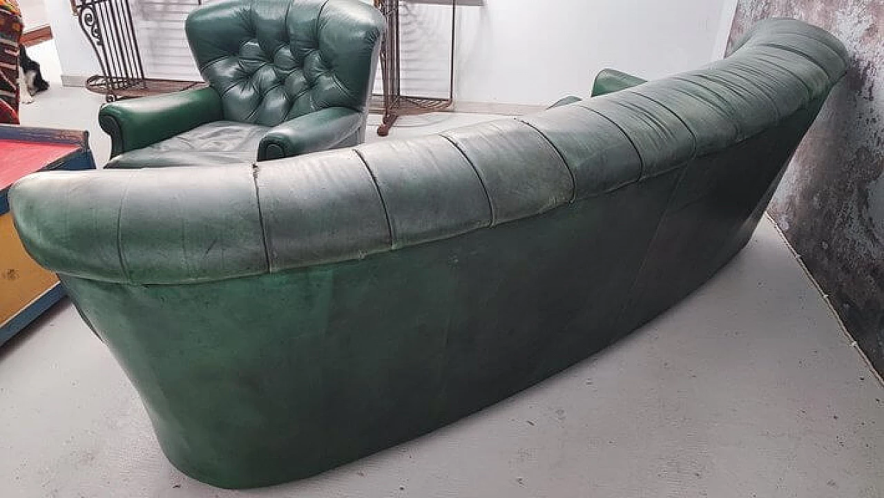 Green leather Chesterfield sofa and armchair, 1950s 9