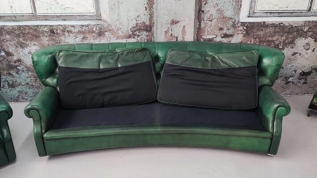 Green leather Chesterfield sofa and armchair, 1950s 10