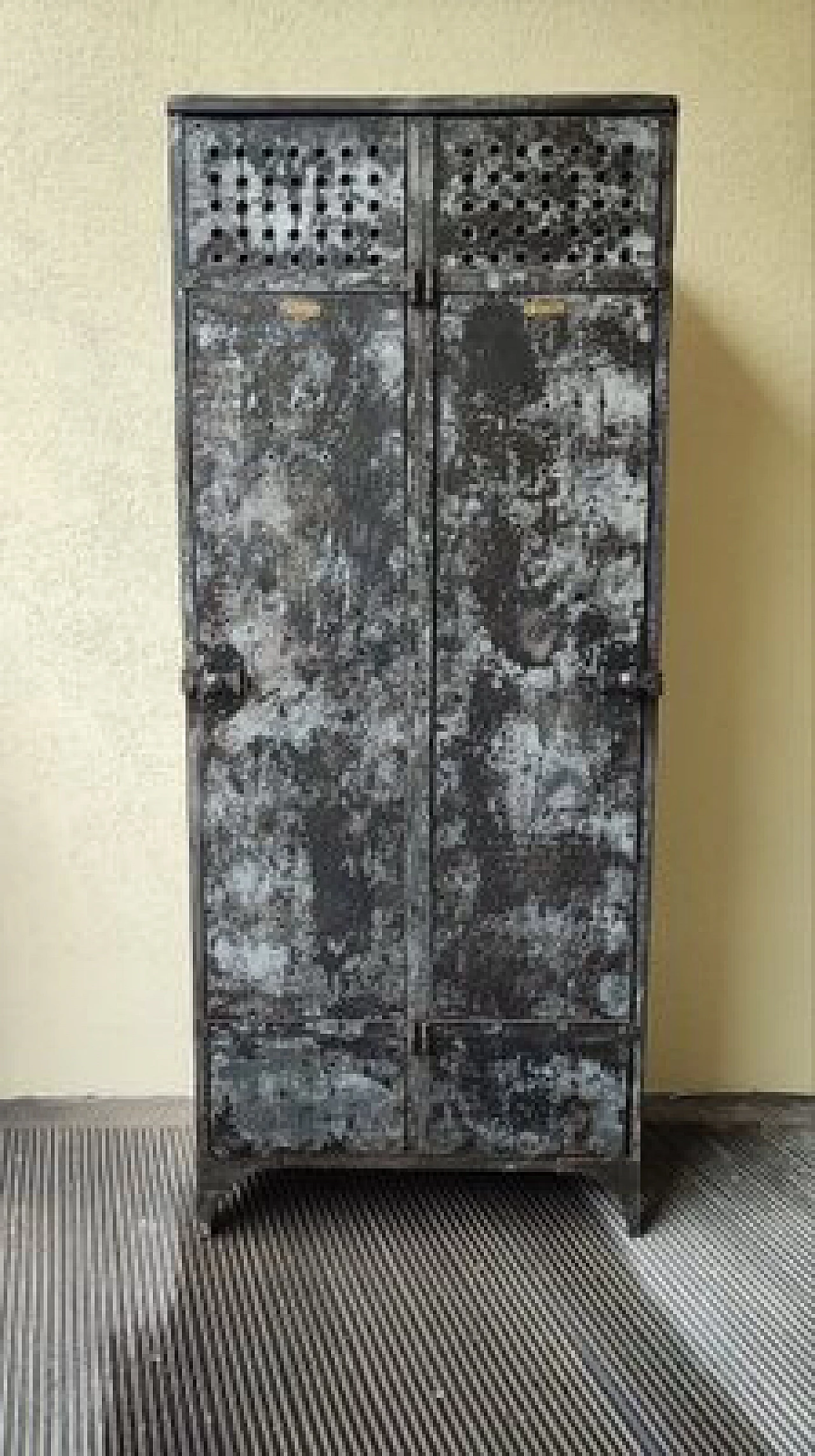 Industrial iron cabinet with wooden shelves, 1930s 1