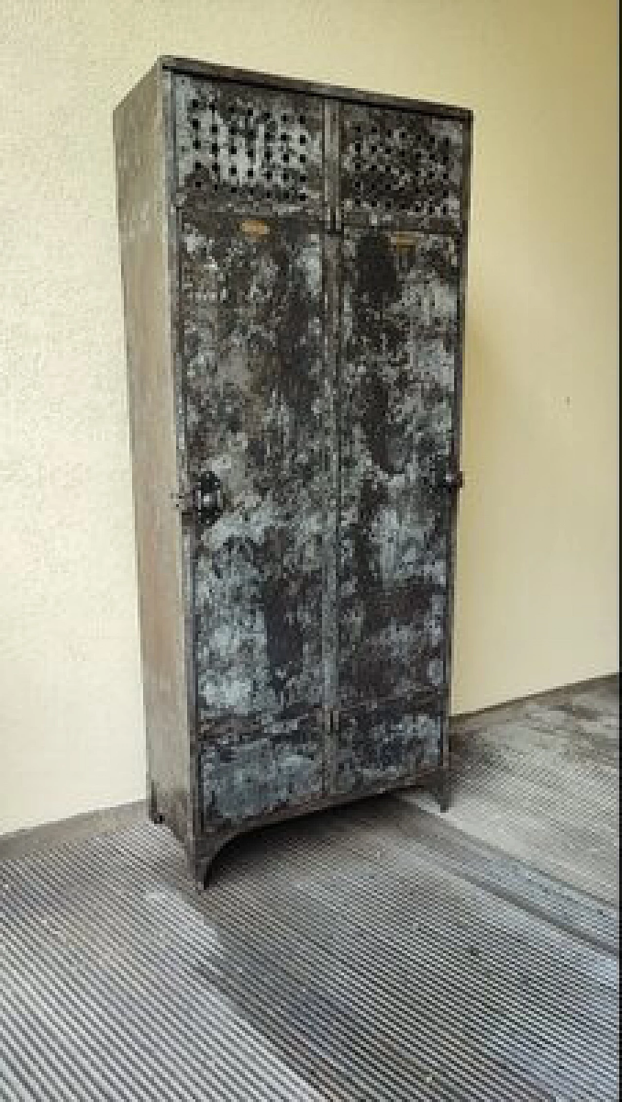 Industrial iron cabinet with wooden shelves, 1930s 2