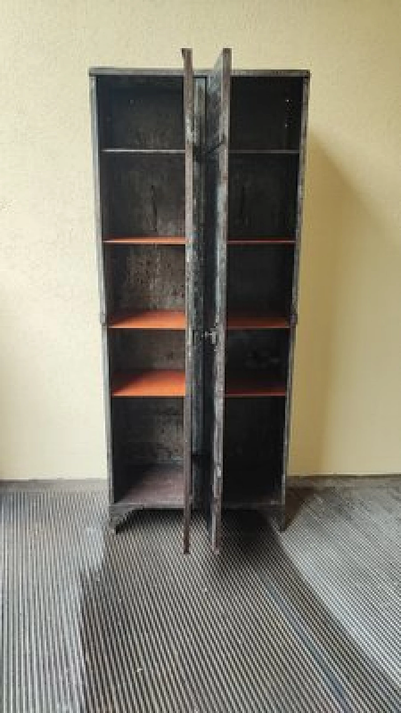 Industrial iron cabinet with wooden shelves, 1930s 3