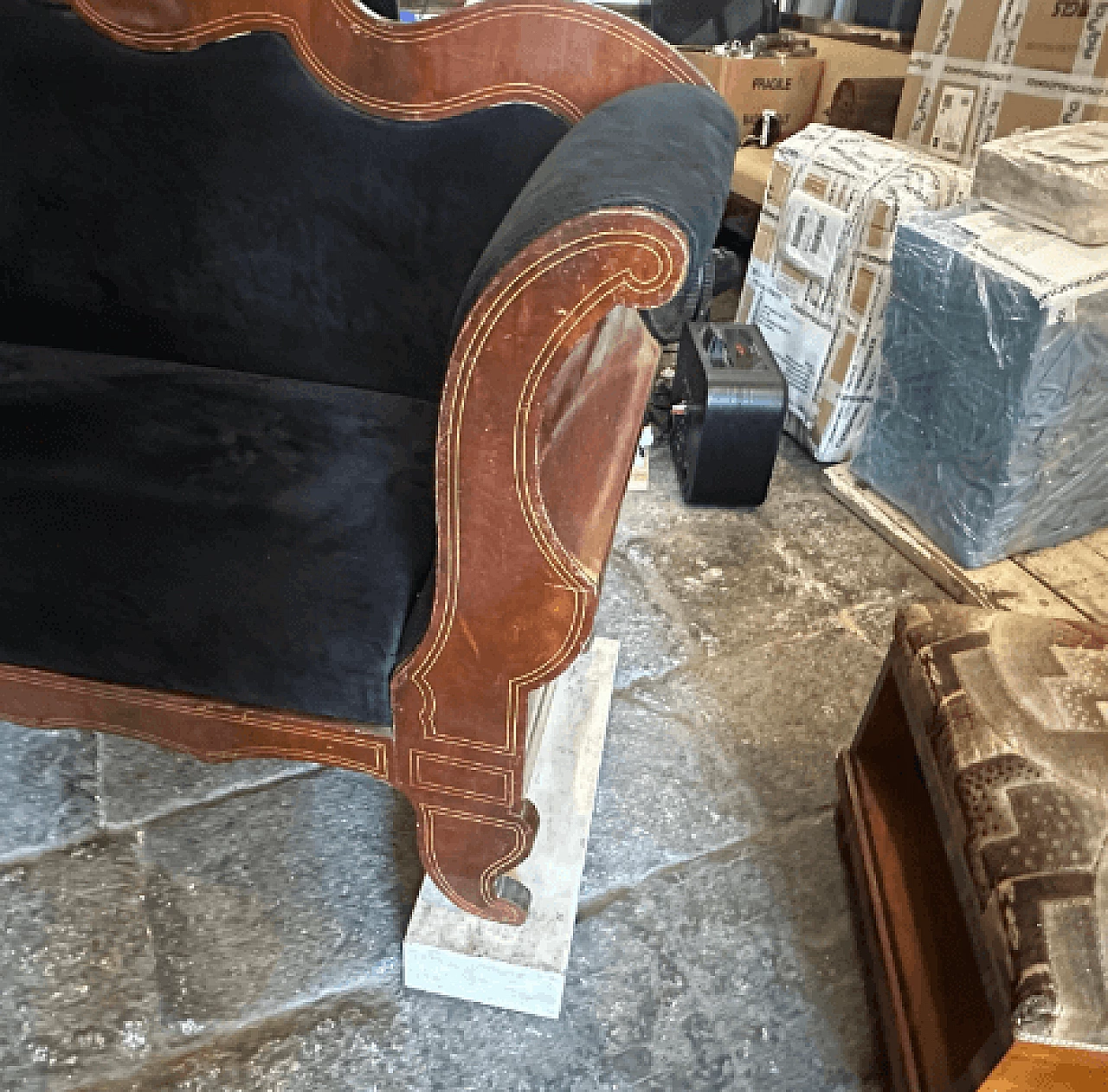 Sicilian Charles X inlaid wood and velvet sofa, mid-19th century 5