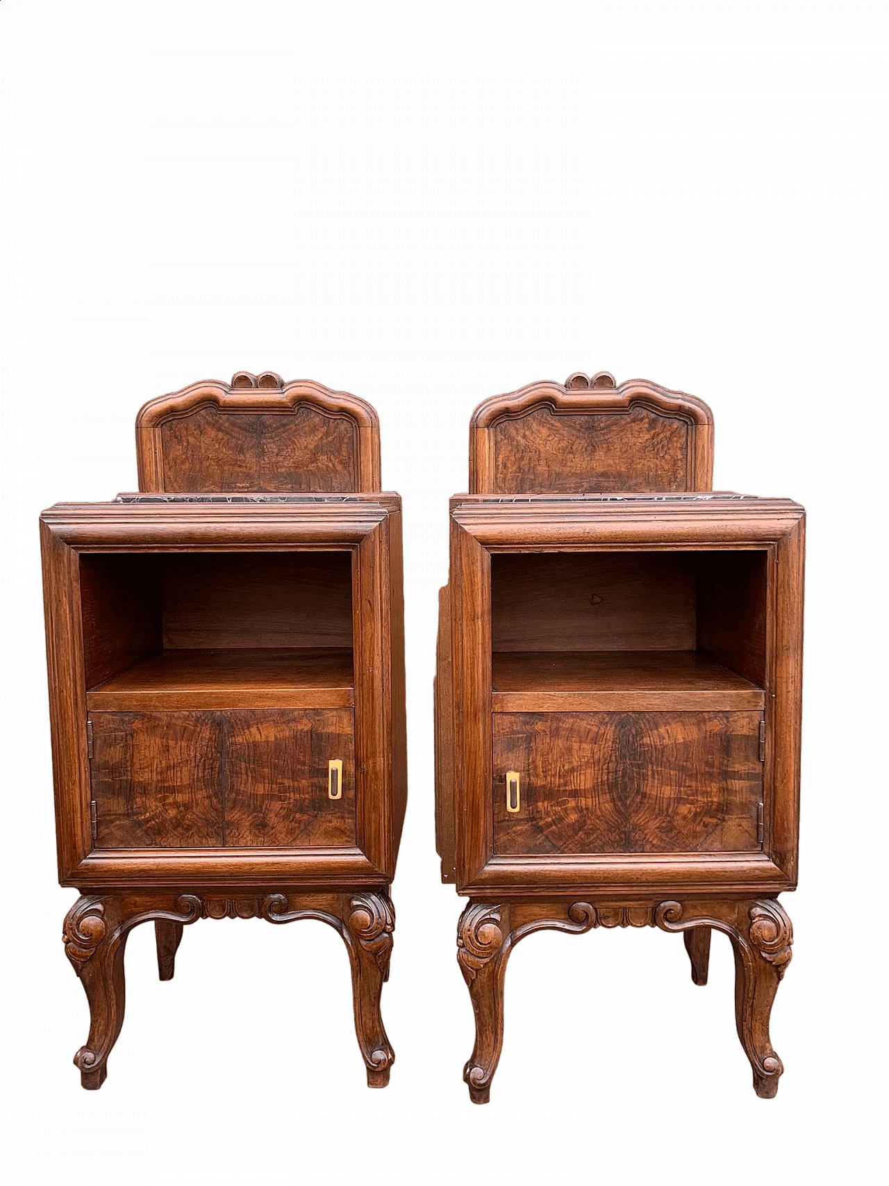 Pair of bedside tables in walnut and Portovenere marble, 19th century 10