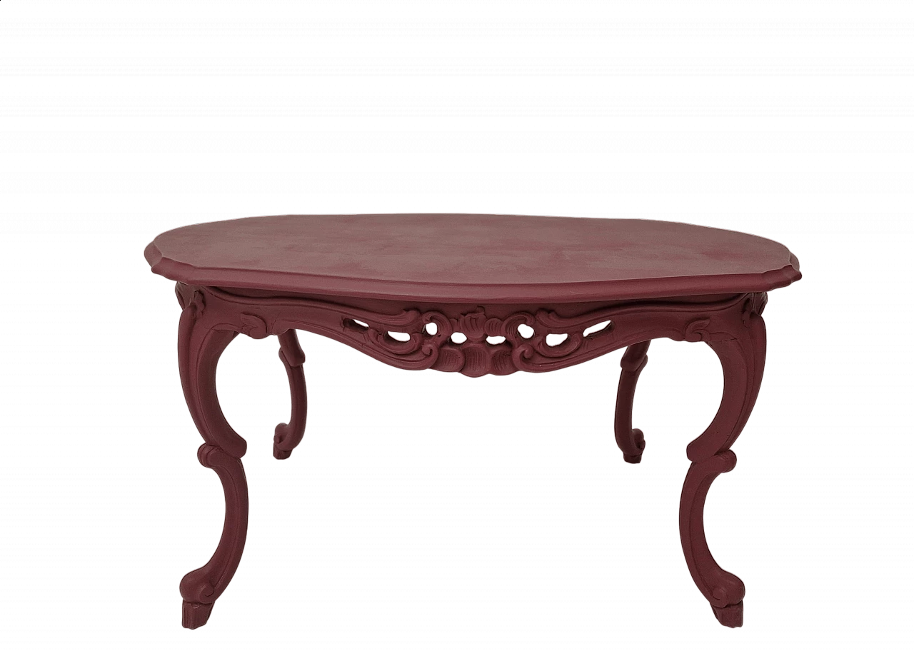 Baroque style cherry red wood coffee table with carvings, 1970s 5