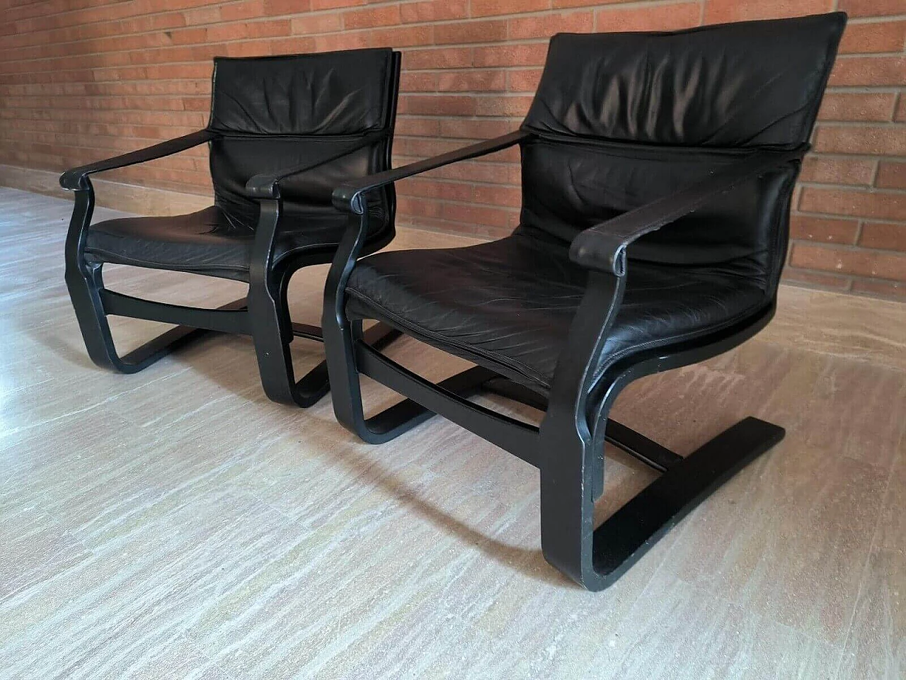 Pair of wood and black leather armchairs by Ake Fribytten for Nelo, 1970s 4