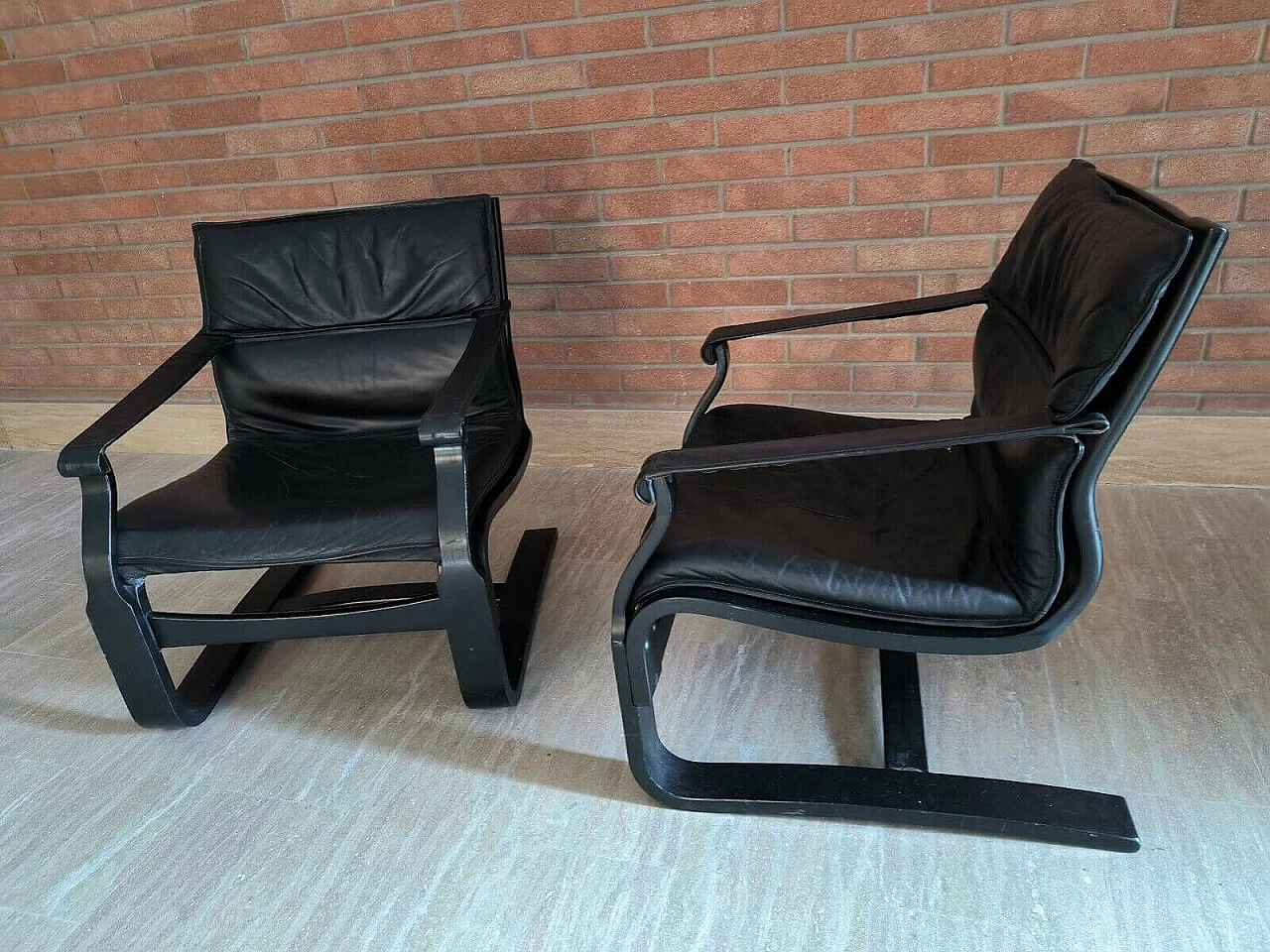 Pair of wood and black leather armchairs by Ake Fribytten for Nelo, 1970s 5