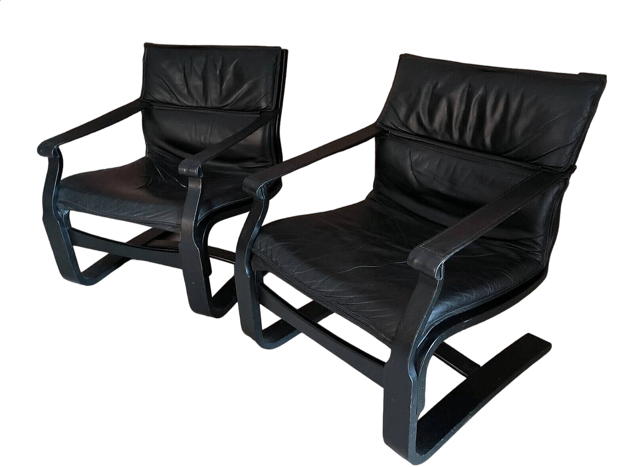 Pair of wood and black leather armchairs by Ake Fribytten for Nelo, 1970s 6