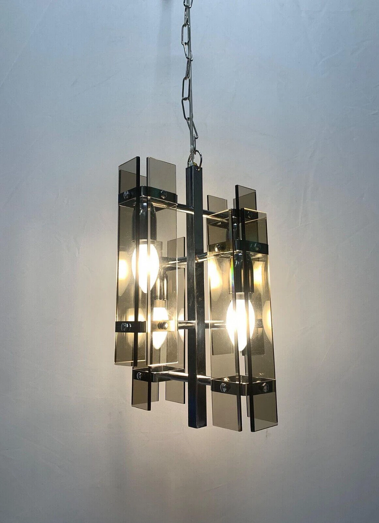 Iron and smoked glass chandelier attributed to Veca, 1970s 4